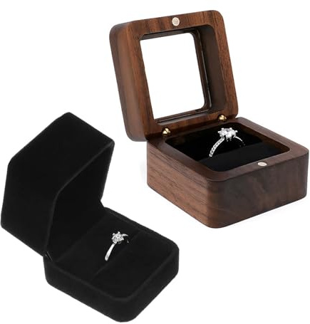 ZYEKIU Boite a Bague 2 Pièces Boîte Cadeau Carrée en Velours (1 Fente) | Ecrin Bague Noyer Massif Vintage Boites a Bijoux avec Fenêtre Transparente Boites a pour Anniversaire Fiançailles