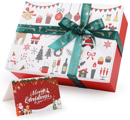 Hianjoo Weihnachten Geschenkbox mit Deckel, 29x21x10.5cm, Große Weihnachtsgeschenkbox, Faltbare Papierbox mit Karten, Bänder und Füllung, für Neujahr und Weihnachten (1 Stück)