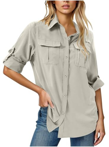 Camicia Safari Anti-UV con Protezione UPF 50 per Donna - Maniche Lunghe, Quick Dry all'aperto, per Pesca Hiking e Viaggi, Protezione Solare e Traspirante