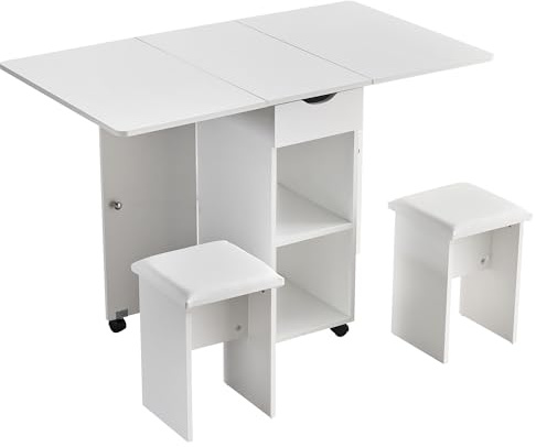 eslohnt Essgruppen 120x70x76cm, klappbarer Klapptisch mit 2 Lederstühlen,Ablageflächen und Schubladen und 6 feststellbaren Rädern für kompakte Küchen Esszimmer