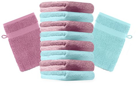 Betz 10 Stück Waschhandschuhe Premium 100% Baumwolle Waschlappen Set 16x21 cm Farbe Altrosa und türkis