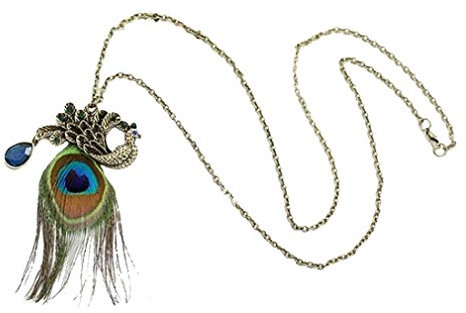 YAZILIND Pfau Feder Lange Halsketten Schellfisch Aussagen Kristall Kragenchoker Chunky Für Frauen Colorful (Pfauenfeder Halskette)