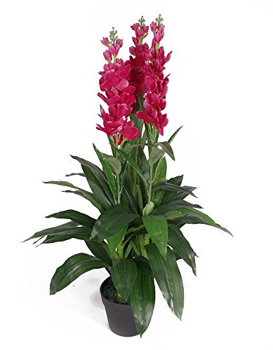 Leaf Planta de orquídea Artificial de 100 cm, Extra Grande en Maceta de plástico Negro, Rosa Oscuro