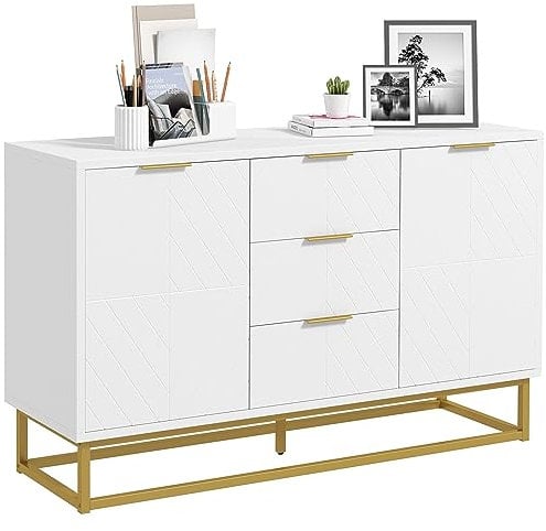HOMCOM Sideboard Kommode moderner Beistellschrank mit Schränke und Schubladen Goldsockel viel Stauraum Weiß MDF Stahl 120 x 40 x 76 cm