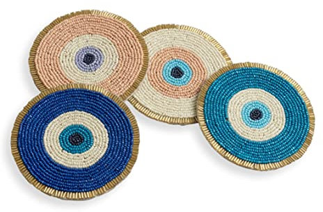 Folkulture Beaded Coasters for Drinks Set of 4 or Coffee Table, 4 Round Decorative Bar Coasters for Table Décorations, Cute Boho Coaster Set for Cocktail, Evil Eye Decor