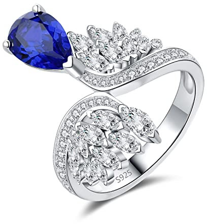 JewelryPalace Art Deco Tropfenschliff 1.7ct Erstellt Blau Saphir Ring Damen, Damenring mit Marquise Flügel Schmuck Set, Verlobungsring Silber 925 Ring Promise Frauen, Hochzeitsring Schmuck Mädchen 51