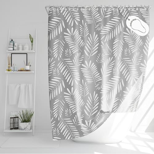 DROPHOP Duschvorhang 120x200 cm Polyester Textil hell-grau Muster Palmen-Blatt 100% wasserdicht beschwerter Saum Blickdicht Maschinen-waschbar Anti-schimmel Beschichtung inkl. 12 Edelstahl-Ringen