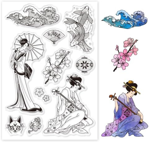 PH PandaHall Silikon Klarstempel Im Orientalischen Stil Kirschblüten Stempel Ukiyo E Silikonstempel Transparente Stempel Für Kartenherstellung Dekoration Und DIY Scrapbooking 16x11 cm