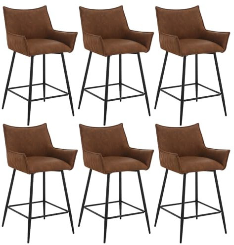 WOLTU Lot de 6 Tabourets de Bar, Chaise Bar Rembourrée, en Similicuir, avec Pieds en Métal, Repose-Pieds, Dossier, Accoudoirs, Marron, BH391br-6