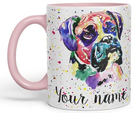 Vixar Personalised with Your Text Boxer Bully Dog Pet Animals Watercolour Art Coloured Ceramic Mug Cup Gift 330ml 11oz Custom Work Office Tea Coffe (Pink)