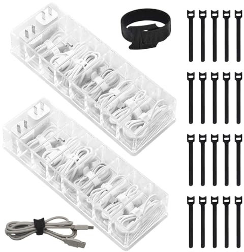 UxradG Cable Tidy Box Cable Storage Boxes Organisers 2 Pack, Transparent Cable Management Box with 8 Compartments, Storage Box for Charger and Power Strips with 20 Wire Ties Reusable