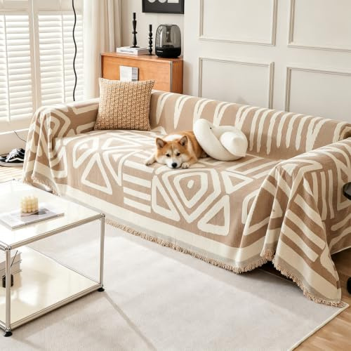 VanderHOME Chenille Sofa Überwurfdecke 2/3 Sitzer, Boho Doppelseitig Sofadecke mit Fransen, Verschleißfeste Dekorativ Decke, Kann als Sofa Cover, Sofa Überzug, Sofaschoner 180 * 230cm-Helles Curry