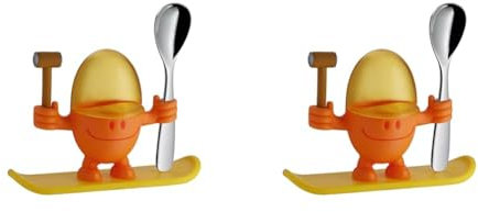 WMF McEgg Eierbecher mit Löffel, lustiger Eierbecher Kinder, Kunststoff, Cromargan Edelstahl poliert, spülmaschinengeeignet, orange, ohne individuelle Gravur (Packung mit 2)