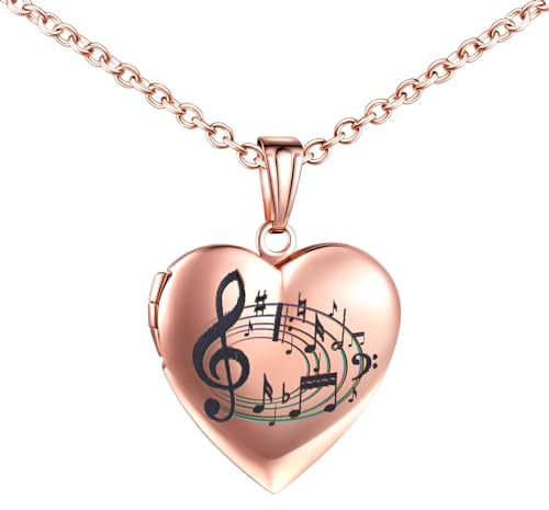 INFINIONLY Colliers Médaillons Cœur en Acier Inoxydable pour Femme Fille Enfant Pendentif Note de Musique Collier Souvenir Photo Personnalisé, Or Rose