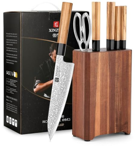 XINZUO 67 Strati in Acciaio Damasco Set Coltelli da 7 Pezzi, Portacoltelli Set di Coltello da Cuoco -Manico in Legno d'Ulivo-con Blocco Coltelli e Forbici da Cucina Multifunzione-con Scatola Regalo