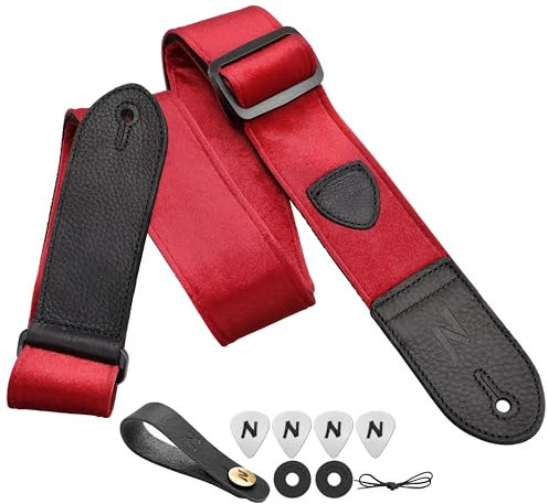 Nefelibata Gitarrengurt,Doppeltes Vollnarbenleder,Vintage Velvet Strap/FREE BONUS-4 Plektren+Strap Locks+Strap Button,Geschenk für Bass,Elektro&Akustik Gitarren(Weinlese Burgunderrot)
