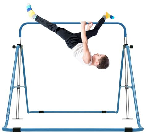 CUMELLIIR Gymnastikställ för barn, gymnastikstång trädgård barn justerbar höjd, vikbar, kan belastas upp till 150 kg, räckstång, utomhusbar för barn, blå