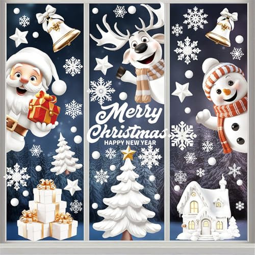 Fensterbilder Weihnachten 9 Blätter fensterbilder selbstklebend Wiederverwendbar Weihnachtsfensterbilder Fensterdeko Weihnachtsmann Fenstersticker Winter Deko Weihnachtsdeko Innen Schneeflocken Weiß