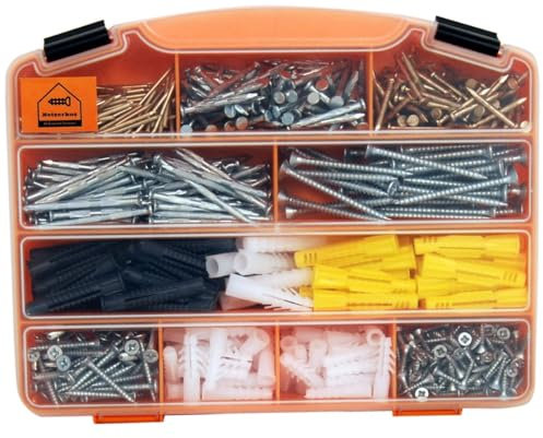 Netzerkoz 626 St Holzschrauben Betonnägel Dübel Set- 260 St Kreuzschlitz Holzschrauben, 310 St Betonnagel, 105 St Dübel - Spanplattenschrauben Set, Nagel Set und Dübel Sortiment mit Aufbewahrungsbox