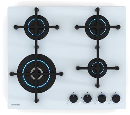 Klarstein Illuminosa 4 Placa de Gas, 4 Quemadores Sabaf, 4kW Wok, Encendido Eléctrico, Cristal Templado, Compatible con Gas Natural y GLP, Soportes de Hierro Fundido, Blanco