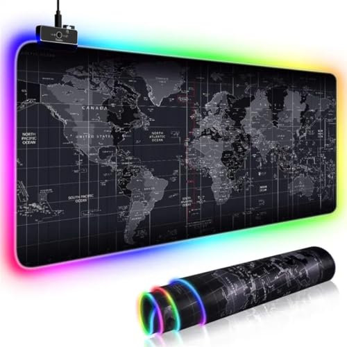 ADM PASS GROUP Alfombrilla para Ratón Mousepad XXL 800x300x2mm Worldmap Alfombra Gaming Base de Goma Antideslizante PC Tapete con Microfibras, Mapamundi, Accesorios de Oficina. (80 x 30 cm RGB LED)