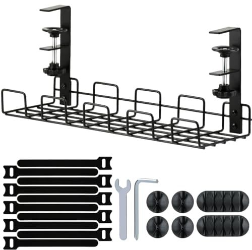 CENBEN Surface Mounted Cable Trays, Under Desk Cable Management Tray No Drill, Metal Wire Management Tray Basket Mesh Wire Organizer for Office Home Standing Desk Cables and Power Strips, Black