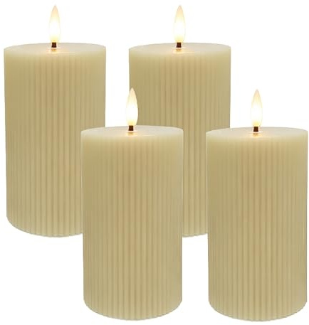 Relaxdays LED Kerzen, 4er Set, HxD: 13 x 7,5 cm, flackernde Flamme, Echtwachs, Rillen, flammenlose Blockkerzen, beige