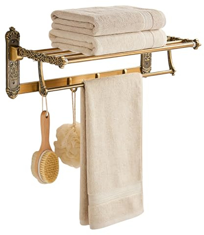 GreenWhim Wall Mounted Bathroom Towel Rack with Shelf and Hooks, Foldable Towel Rail, Vintage Gold Aluminium Towel Holder, Decorative Bathroom Storage Shelf for Towels, Robes