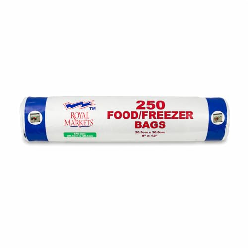 Royal Markets | Clear Disposable Food Storage Bags | Strong Freezer & Food Bags for Fruit, Vegetables, Meat & Batch Cooking (250)