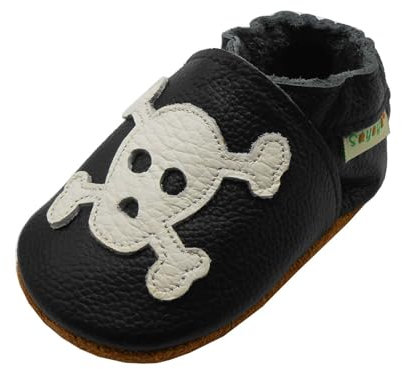 SAYOYO Schädel WeichesLeder Lauflernschuhe Krabbelschuhe Babyschuhe (0-6) S Monate, Schwarz