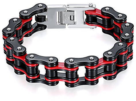 JewelryWe Schmuck Herren Biker Kette Armband, Groß Schwer Zwei Töne Hochglanz Poliert Fahrradkette Motorradkette Armkette Armreif aus Edelstahl, Rot Schwarz