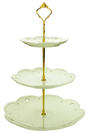 Malacasa Sweet.tiempo Soporte para pasteles, 36,83 cm de altura, 3 bandejas, diámetro de 14,24, 20,32 y 25,4 cm, porcelana, expositor para fiestas, con asa dorada, color verde