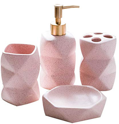 Accessoires Salle Bains En Céramique Mis Salle Bains Toilettes Hôtel Salle Lavage Set 4-5-6 Set Pièce Distributeur Savon Tumbler Porte-Savon Tasse Rince-Bouche Porte-Brosse À Dents,Rose,4 Piece Set