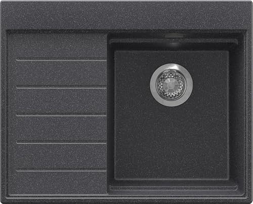 PRIMAGRAN Spülbecken ab 40er Unterschrank + Ablauf-Set, 62x50cm | Set: Ablauf-Set (Siphon, Ablaufgarnitur, Überlauf) + Granitspüle 1 Becken - Sydney Ergo, Anthrazit