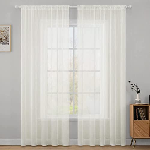 MIULEE Voile Vorhang Weihnachtsdeko Transparente Gardine aus Voile Einfarbig Stangendurchzug Wohnzimmer Luftig Dekoschal für Schlafzimmer 2er Set 280 x 140cm (H x B), Rod Pocket Elfenbein