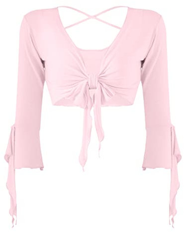 dPois Damen Bauchtanz Oberteil Langarm Shirt Kurz Crop Top Bauchfrei Shrug V-Ausschnitt Tops Ballett Sport Yoga Sexy Tanzkleidung Rosa One Size