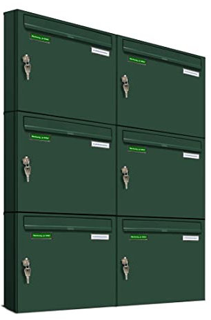 AL Briefkastensysteme Basic 6er Briefkasten RAL 6005 Moos Grün 6 Fach DIN A4 wetterfest Briefkastenanlage mit Posthaltebügel und 2 Namensschildern