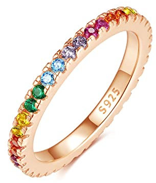 Emmie Jewelry Eternity Ring 925 Silber mit Bunte Zirkonia Steine | Damenring mit Regenbogen-Steinen rundherum | Rainbow Ringe für Damen, Frauen Schmuck (52, Rosegold)