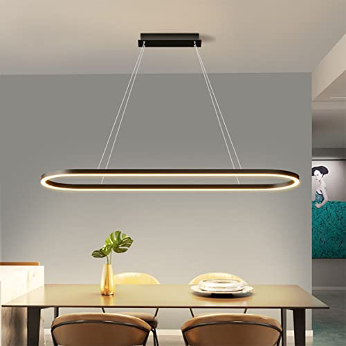 Bellastein Moderne Esstisch Pendelleuchte LED Dimmbar Hängelampe Oval Höhenverstellbarer Kronleuchter mit Fernbedienung für Esszimmer Küchenlampe Blendfrei (Schwarz, L100cm)