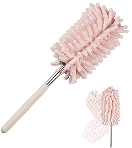 Blueshyhall Mikrofaser Staubwedel Lang Ausziehbar Knickbar Waschbar, Rund Staubwedel Teleskop Klein mit Verlängerungsstange (29-76 cm) für Auto Büro Staubsauger Spinnweben Kinder (Rosa)