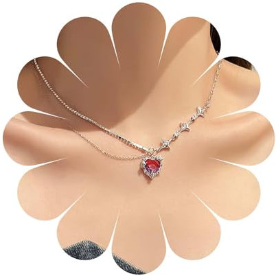 Allereya Vintage Geschichteten Kristall Liebe Herz Halskette Rosa Kristall Herz Anhänger Halskette Silber Cz Stern Choker Halskette Spleiß Tennis Kette Halskette Schmuck Für Frauen Und Mädchen