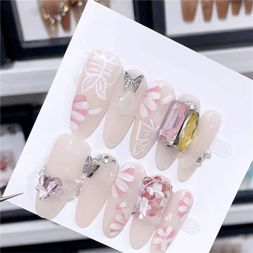 Short Coffin Handmade NailsSpring Glitter Gradient Press on Nails Tips Nail Art Decoration for Women and Girls Manicure 10pcs (XS)