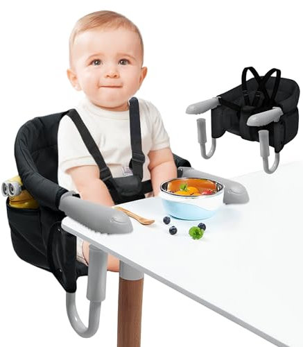 FIVMEN Tischsitz Baby Babysitz Tisch Faltbar Hochstuhl Sitzerhöhung Stuhlsitz mit Einteiliger Sicherheitsgurt und Rückenpolster für zu Hause und Unterwegs bis 15 kg, Schwarz