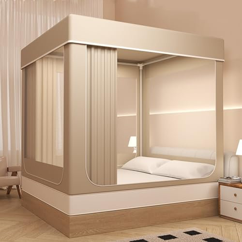 Tragbares Traumzelt für Kinder und Erwachsene, Doppelbett, Betthimmel mit 80 % Verdunkelung, 3 Türen, atmungsaktiver Stoff, Braun, Queen-Size-Betthimmel, Bettzelt