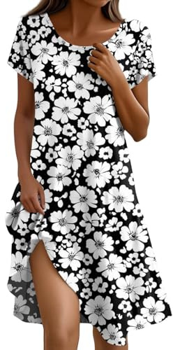 Sommerkleid Damen Leicht Und Luftig Midi Strandtunika Damen Sommer Freizeit Strandkleid Alltag Boho-Kleid Mode Weite Leichte Sommerkleider Ärmel Kurz Strandkleider Mollige Frauen A Linien