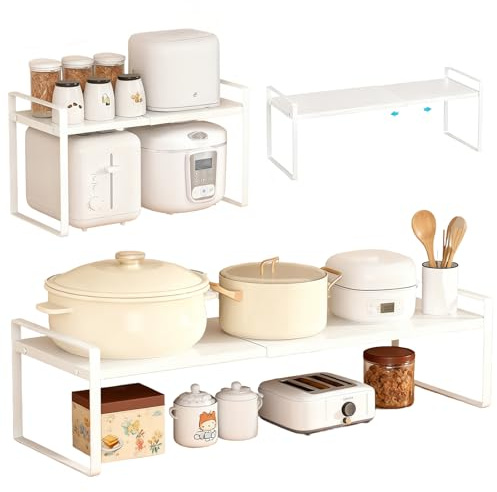 Gevvnss Estante Cocina Extensible,Estantería Metal Almacenaje Ajustable | Organizador Armario y Despensa, Ahorro Espacio para Encimera, Acero Carbono Blanco(35-65×22×25cm)