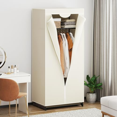 COSTWAY Fabric Wardrobe, Portable Single Clothes Closet with Hanging Rail, Foldable Garment Storage Cabinet Space Saving Organiser for Bedroom Cloakroom Dorm, 75 x 50 x 172cm (Beige)
