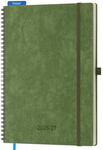 IN-LUXPRO Kalender 2026 2027 Wochenplaner Ringbuch A4 | 18-Monate Terminplaner Juli 26-Dez 27 | Buchkalender Ringbuch mit Stifthalter & Monats-Register | Vertikal Planer 1 Woche 2 Seiten - Olivgrün