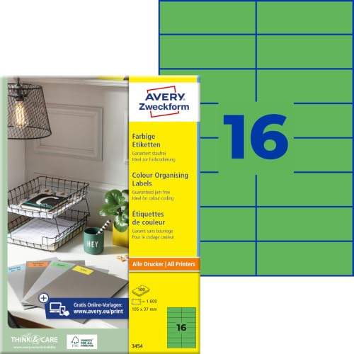 AVERY Zweckform 3454 Grüne Etiketten (1.600 Aufkleber, 105x37mm auf A4, permanent haftend, selbstklebende Farbetiketten, Papier matt, bedruckbare, farbige Klebeetiketten) 100 Blatt