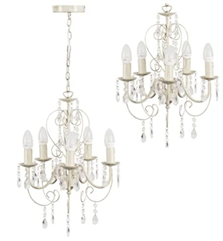 MiniSun | Traditional Cream 5 Way Ceiling Light Chandelier with Acrylic Jewels | Home Décor, Bedside & Desk Lamp | Mains Wired